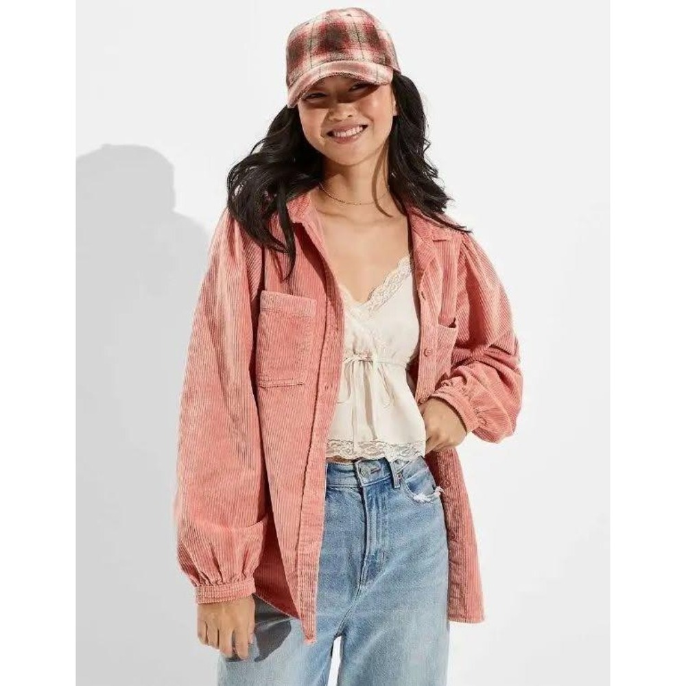 American Eagle Shacket Women XS Pink NWT Corduroy Puff Sleeve Button Down Shirt